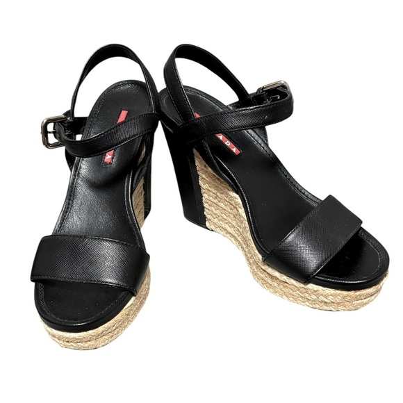 PRADA - SIZE 36EU / 6 US - BLACK LEATHER PLATFORM WEDGE ANKLE SANDALS - S6 - Picture 1 of 14